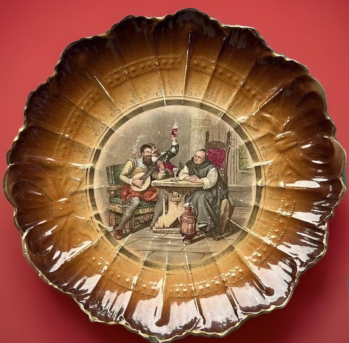 Antique Sèvres Plate Bowl Monk Friar With Musicians Scalloped Edge Rare ca 1900s