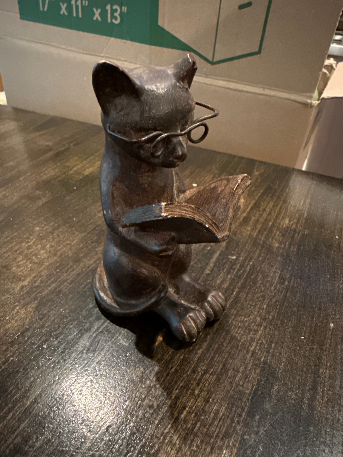 Cat Reading Book Figurine With Glasses Dark Bronze Look Resin Decor