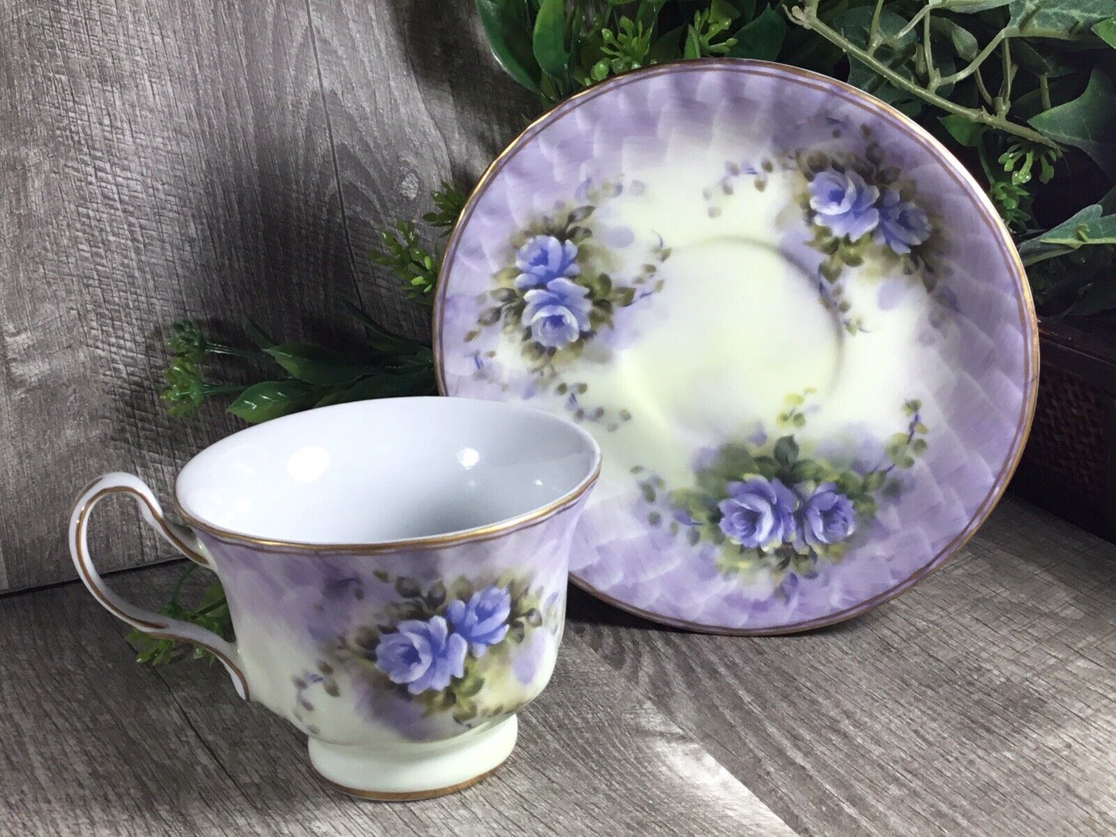 PORCELAIN TREASURES, BETTY PLATNER Hand Painted, Cup & Saucer Lavender Floral