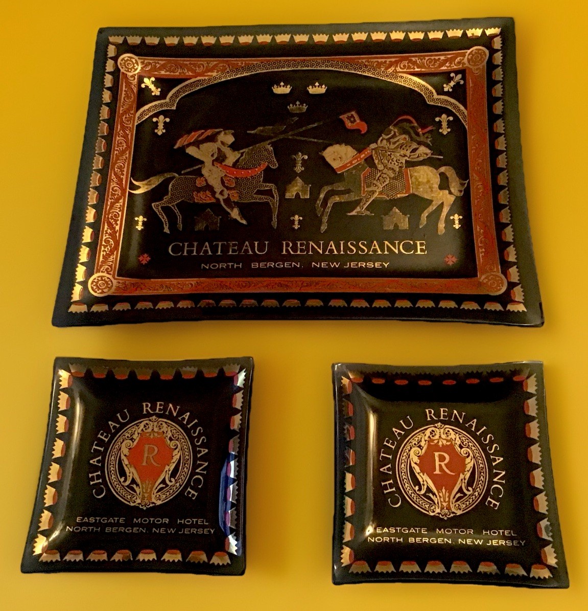Vintage Chateau Renaissance Eastgate Motor N.J. Hotel Ashtrays + Candy DishSet