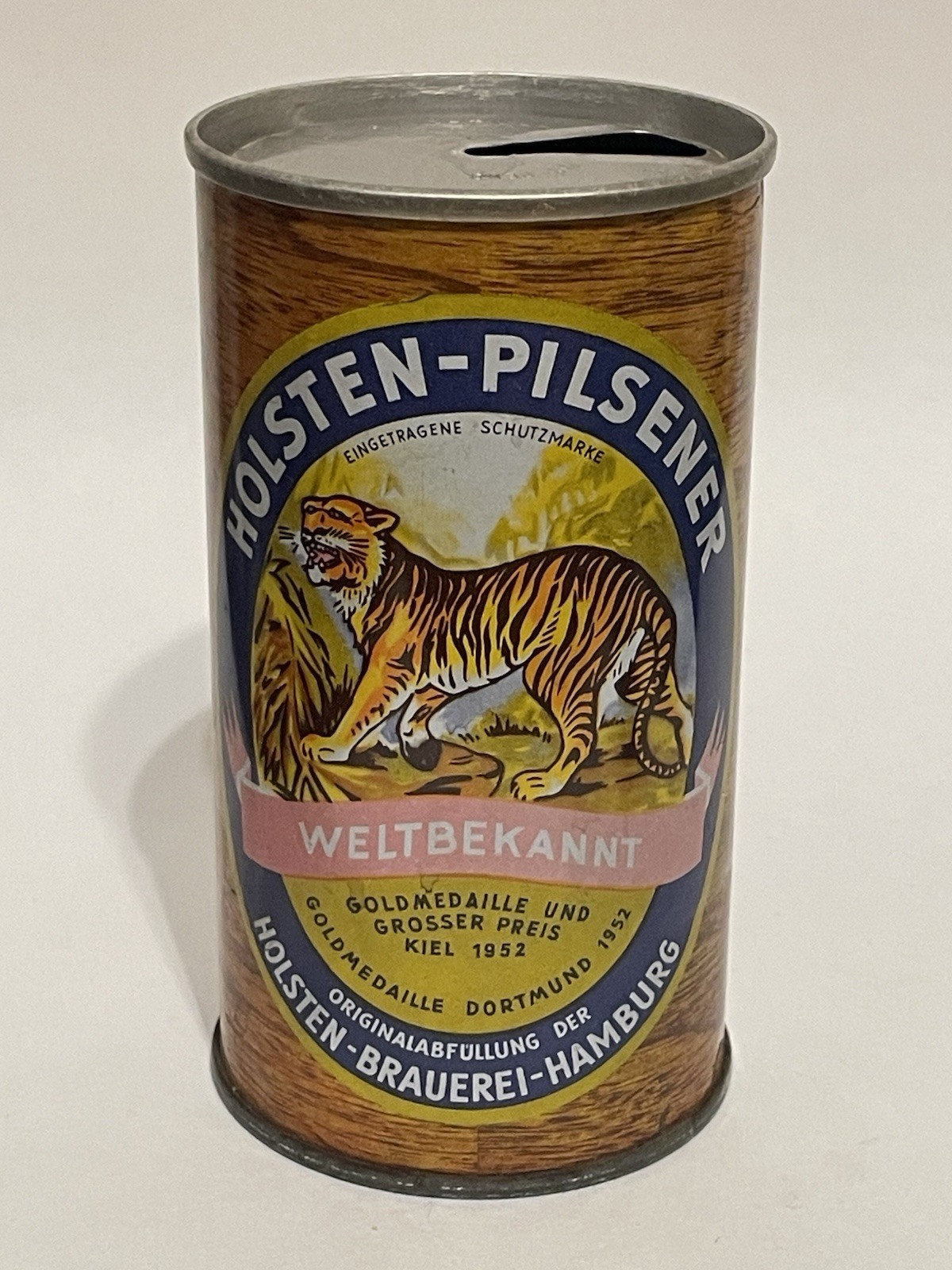 Holsten Pilsener empty beer can, straight steel, Germany, OI on lid Holsten Pilsener empty beer can, straight steel, Germany, OI on lid