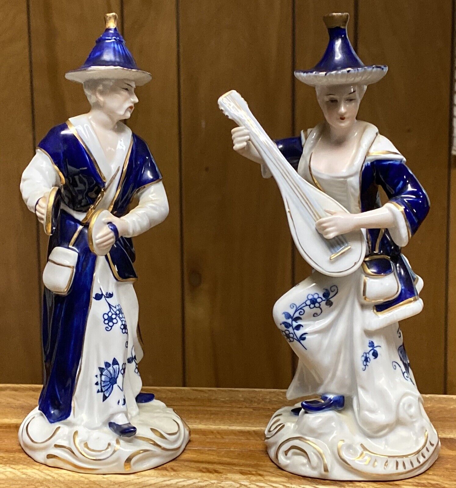 KPM Crown Porcelain Figurines Musical Set of 2 Vintage Rare 8” Blue & White Gold