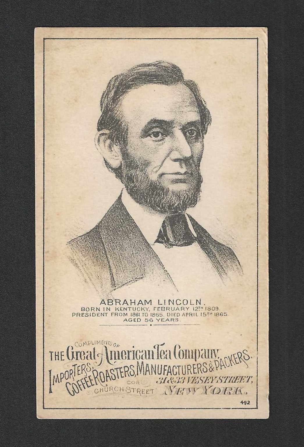 c1880\'s HD2A Trade Card - Great American Tea Company - President Abraham Lincoln