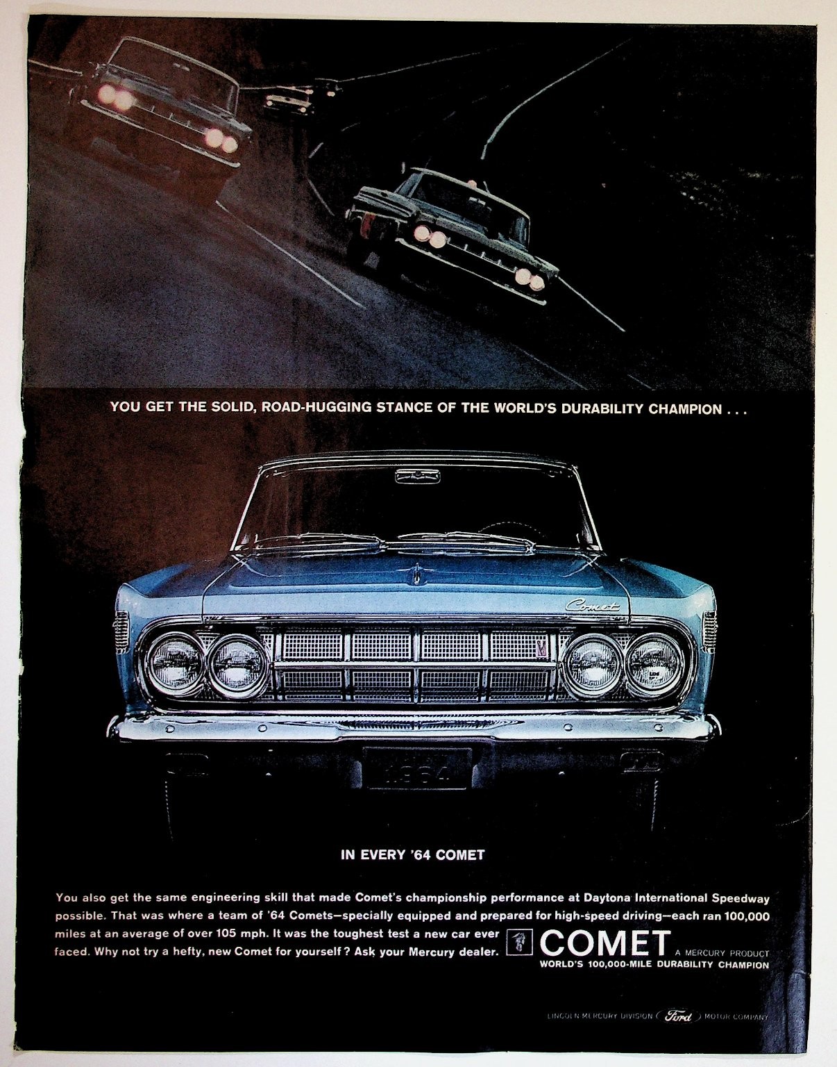1964 Mercury Comet Car Vintage Print Ad Daytona Speedway Ford Motor Co.