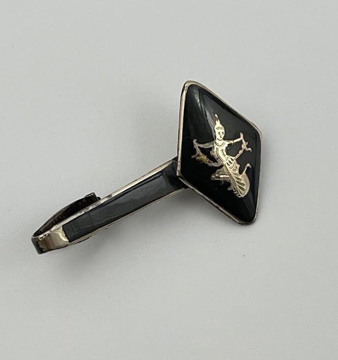 Vintage Tie Bar Clip Siam Sterling Silver Inlaid Nielloware Niello Buddhism
