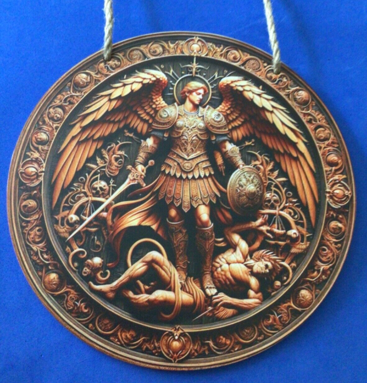 Archangel St Michael Wall Plaque Catholic Icon Rope Hanger 7-3/4”