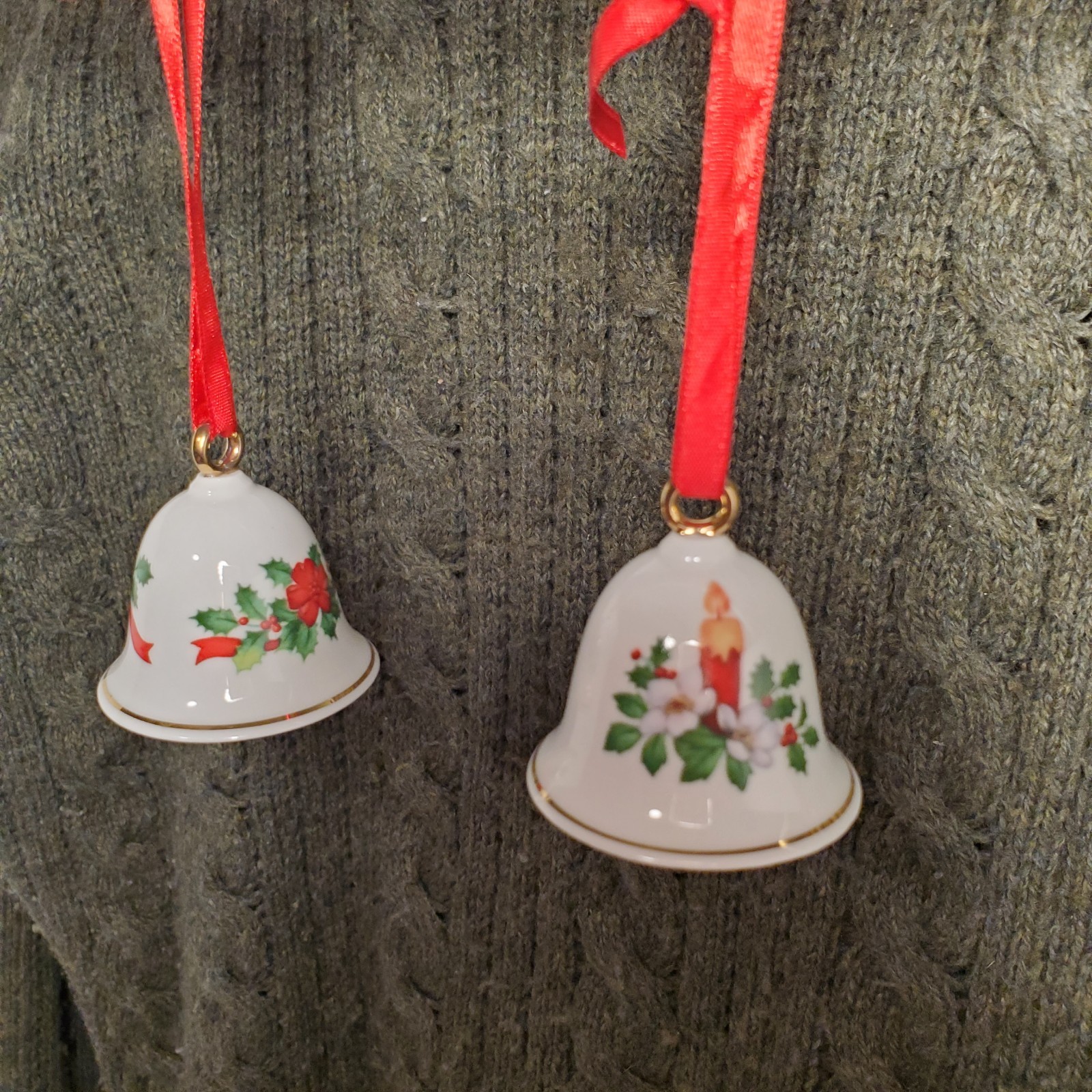 Princess House Bone China Bells. Set of 2. Christmas Holly & Red candle. 