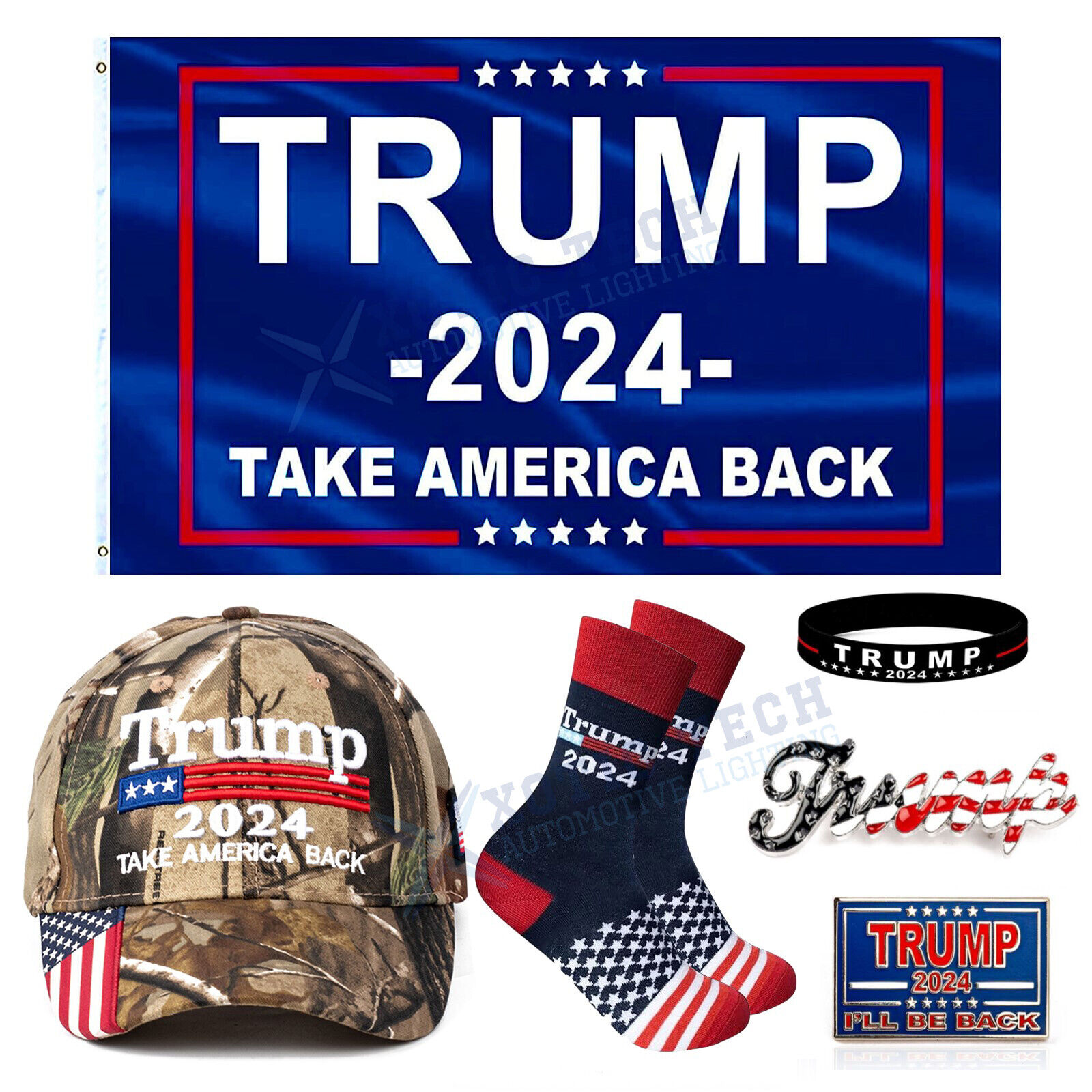 Trump 2024 Banner Flag USA Flag Camo Hat Socks Patriotic Election Merch Gift Set