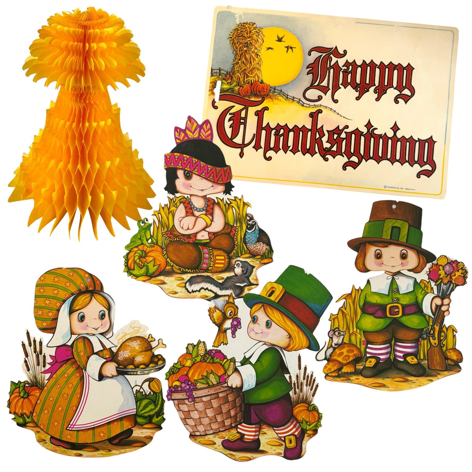 Vintage 1978 Beistle Thanksgiving Decorations Paper Cutouts Lot Pilgrim Native