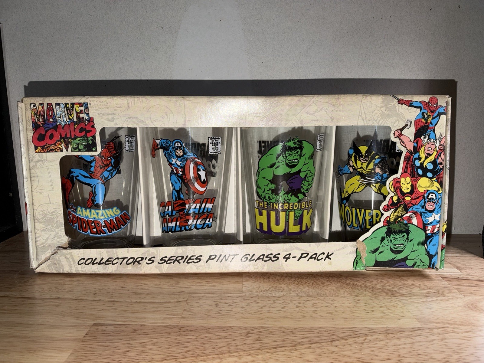 Marvel Comics Collectors Drinking Glasses 4 Pack: Wolverine Hulk Spider Man Cap Marvel Comics Collectors Drinking Glasses 4 Pack: Wolverine Hulk Spider Man Cap