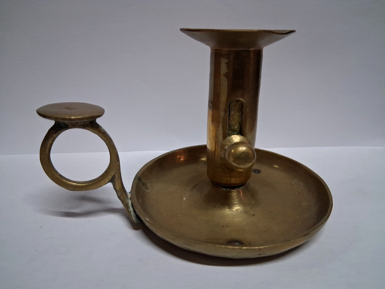 Antique Brass Chamberstick w/Thumb-operated Push-Up Mechanism