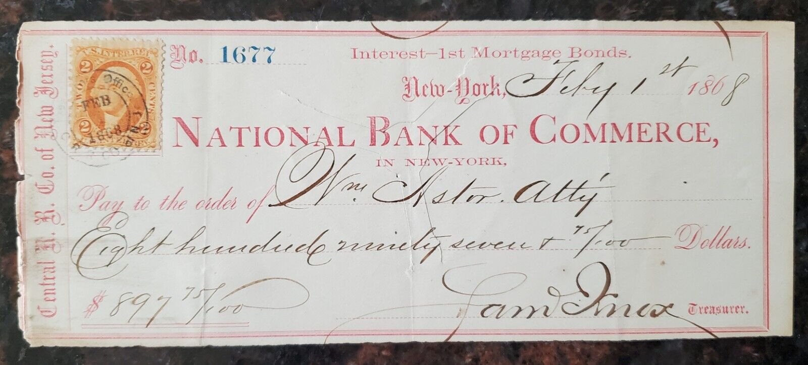 1868 John Jacob Astor III Autograph Check NY Natl Bank of Commerce + 2c Stamp