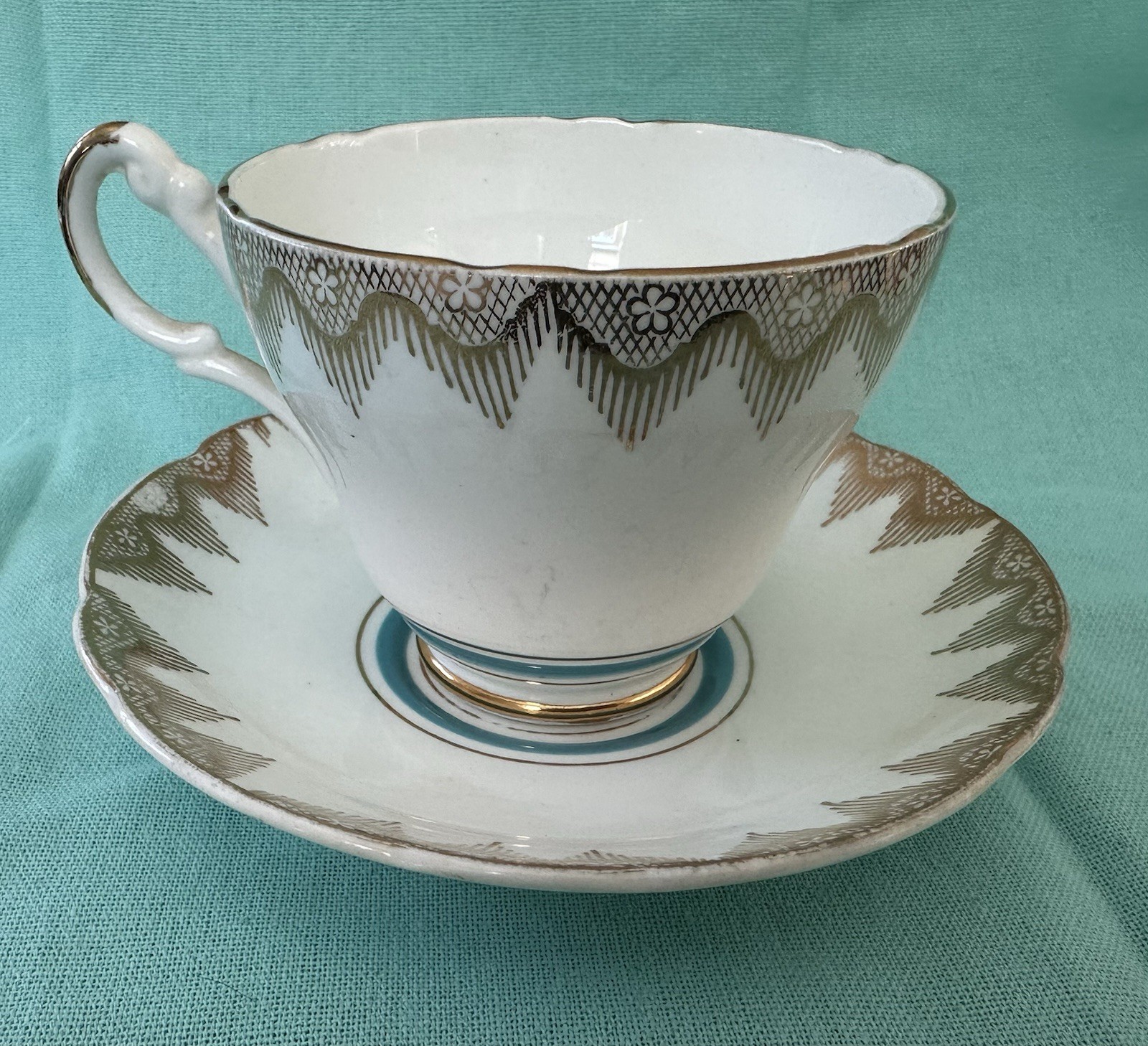 Regency Bone China Cup & Saucer Gold Trim Teal Stripe