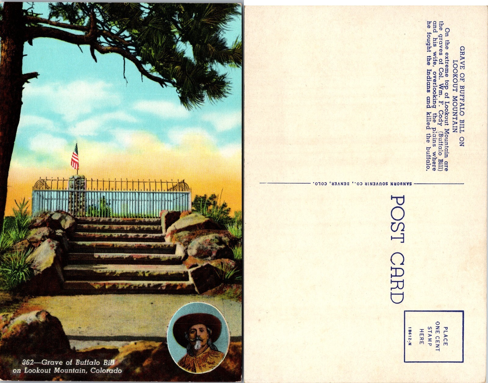 Grave of Buffalo Bill Lookout Mountain Colorado CO Postcard