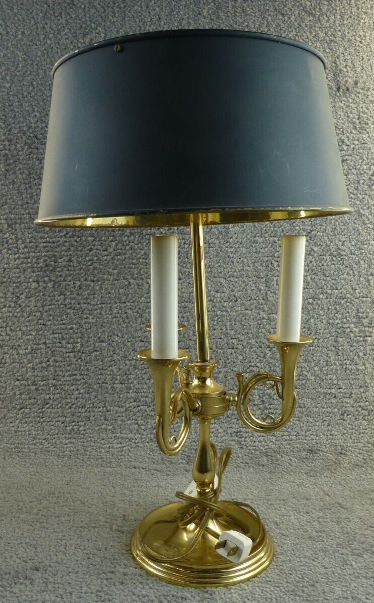 French Horn Bouillotte Table Lamp Brass 3 Candlesticks Black Gold Hollywood MCM