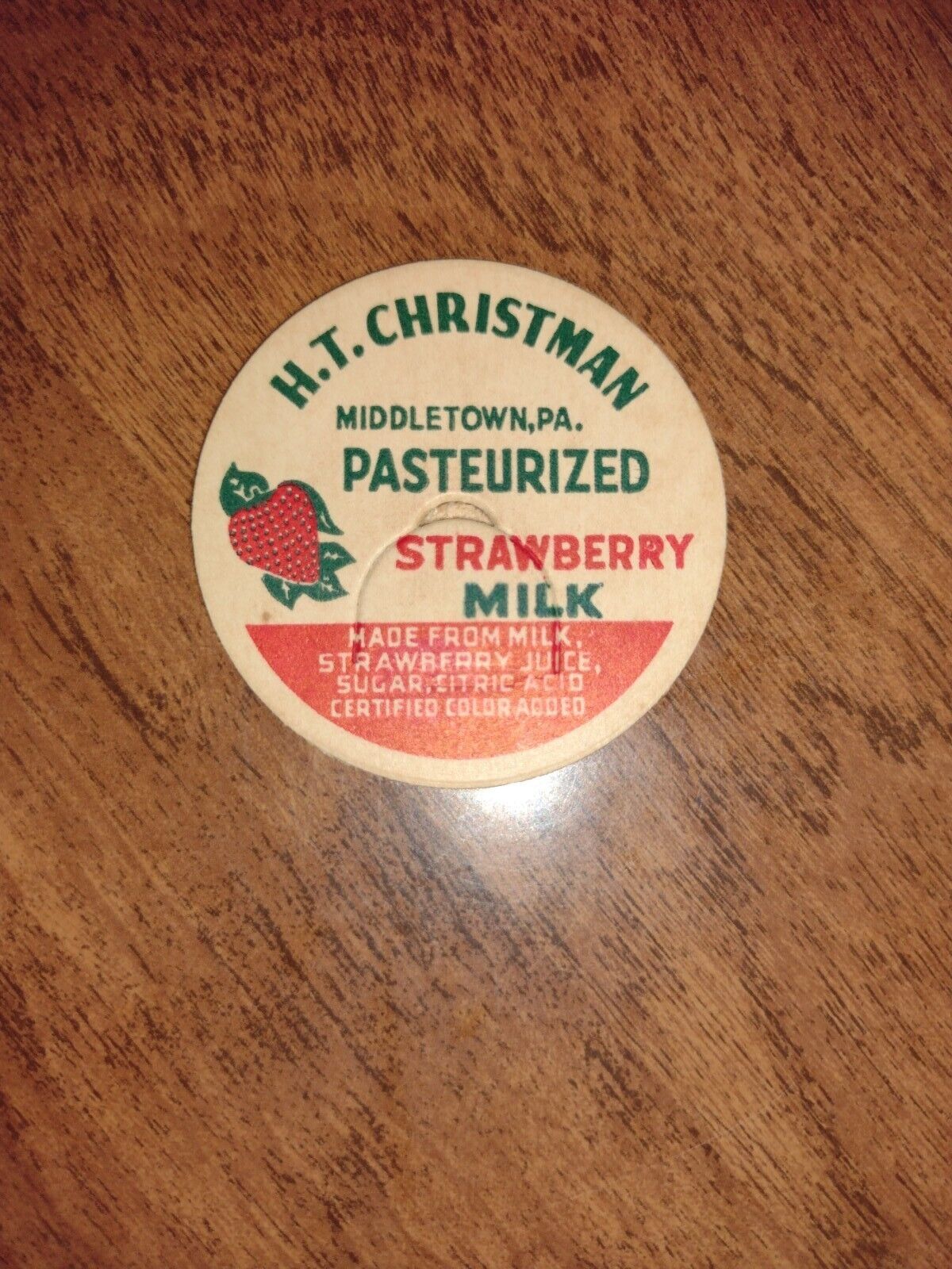 Never Used H T CHRISTMAN STRAWBERRY MILK CAP POG Middletown PA