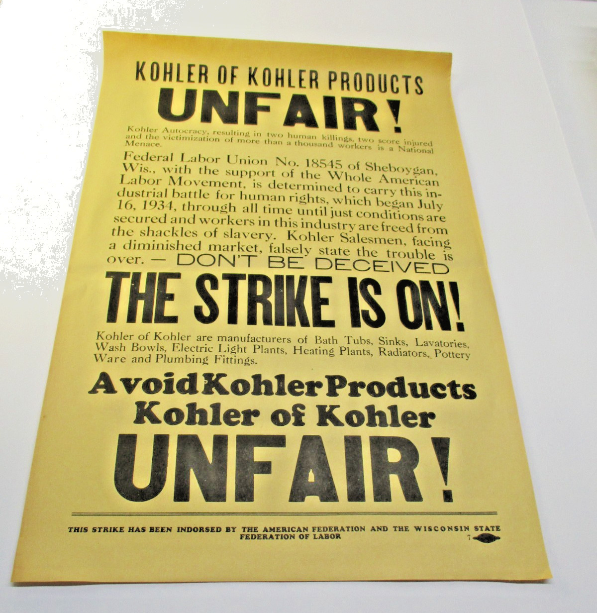 Historic Strike Sign Poster. Kohler Co. 1934 Very Rare Historic Strike Sign Poster. Kohler Co. 1934 Very Rare