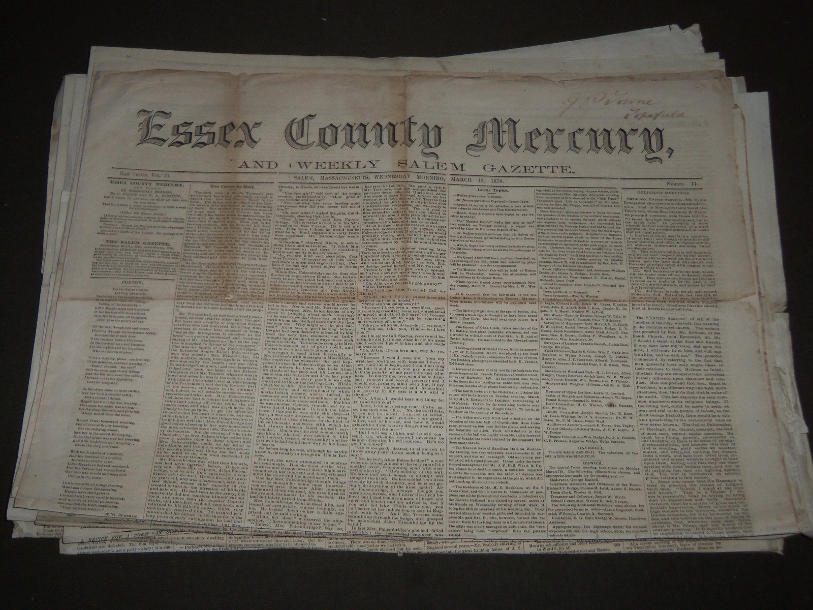 1870-1871 ESSEX COUNTY MERCURY NEWSPAPER LOT OF 12 ISSUES - SALEM - NP 2385 1870-1871 ESSEX COUNTY MERCURY NEWSPAPER LOT OF 12 ISSUES - SALEM - NP 2385