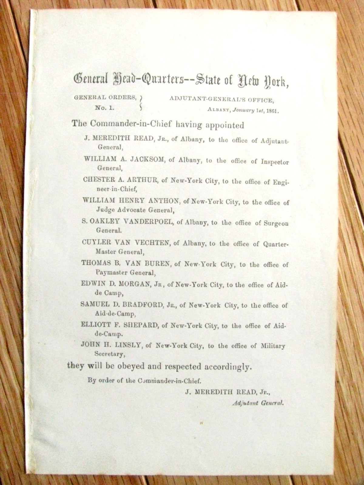 PRESIDENT CHESTER A ARTHUR CIVIL WAR PROMOTION GENERAL ORDER 1861