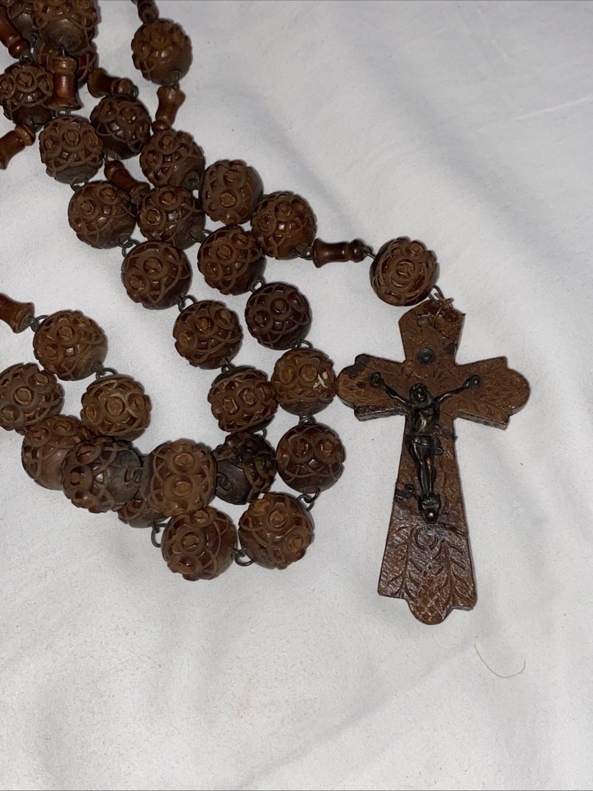 Vtg French France Wood Carved Bead Large wall Rosary Catholic Wooden Jesus Cross