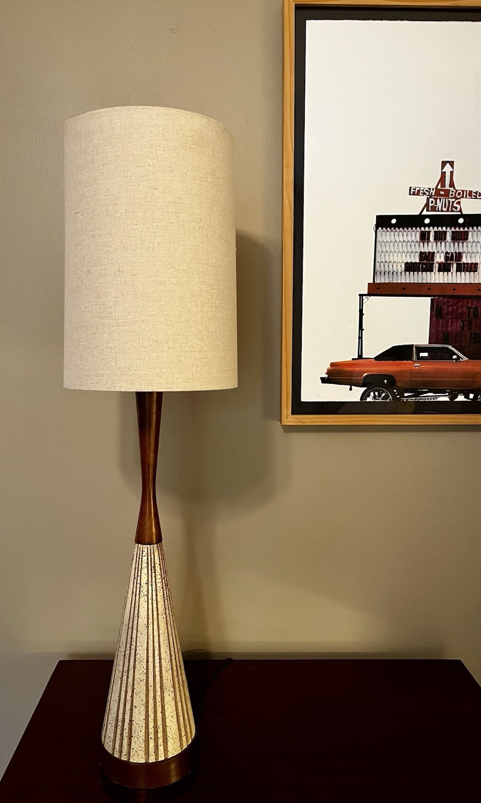 VTG Large MCM Textured Ceramic Lamp w/Teak Neck & Base, Linen Shade—Retro Cool VTG Large MCM Textured Ceramic Lamp w/Teak Neck & Base, Linen Shade—Retro Cool