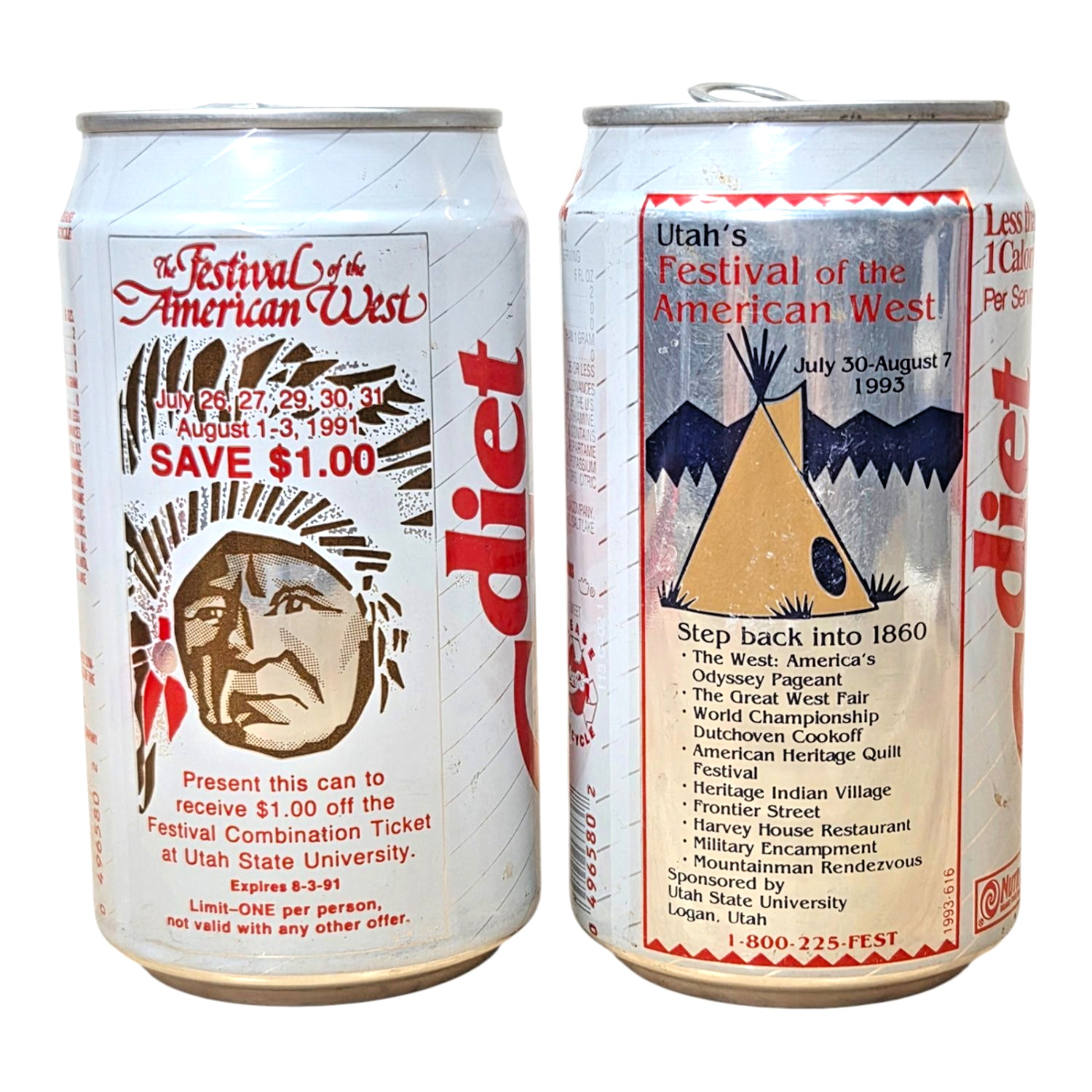 2 VTG Coca Cola Cans, Diet Coke Native American Graphics, Festival of the West