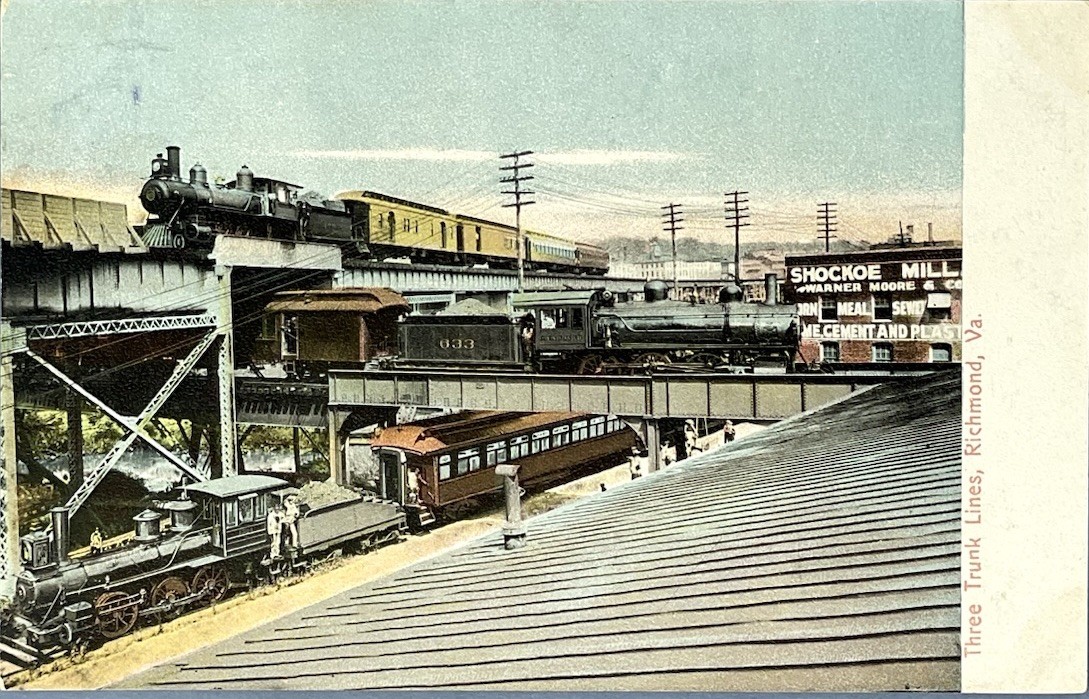 Richmond Virginia Three Trunk Lines Railroad Shockoe Mill c.1905 Train Crossing