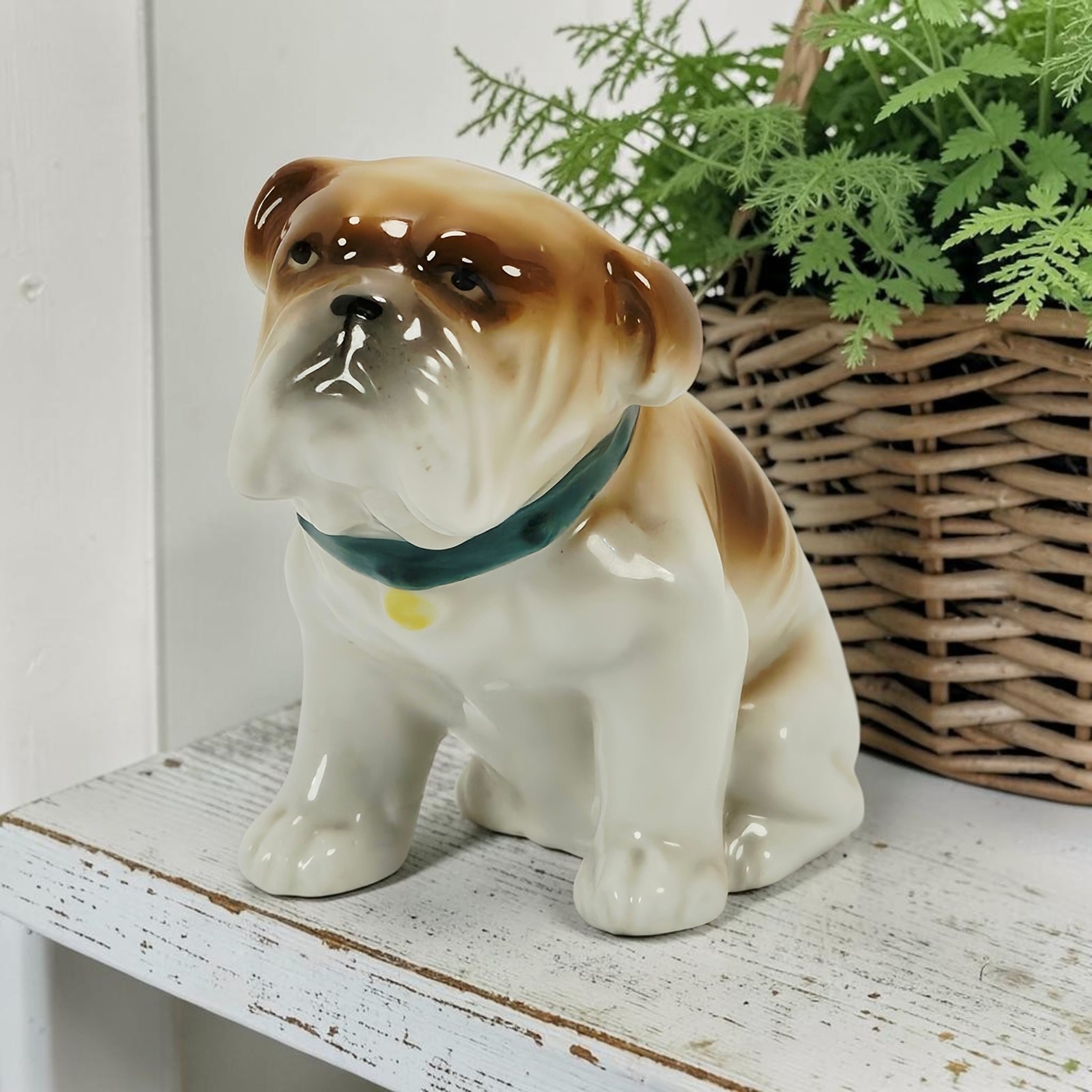 VTG 1930s Porcelain Hand Painted Bulldog Sitting Figurine Teal Collar Japan 3.5