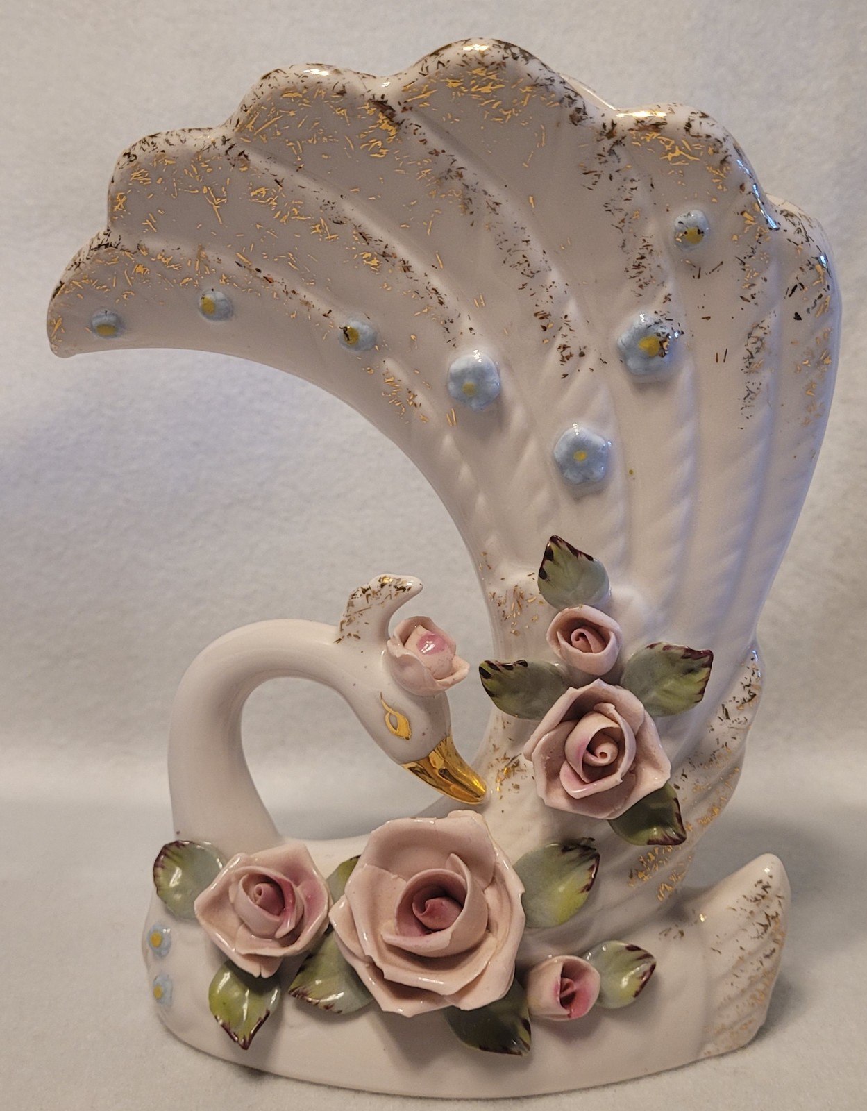 Vintage Napco #S748 Bone China Ceramic Swan Flowers Vase 7\