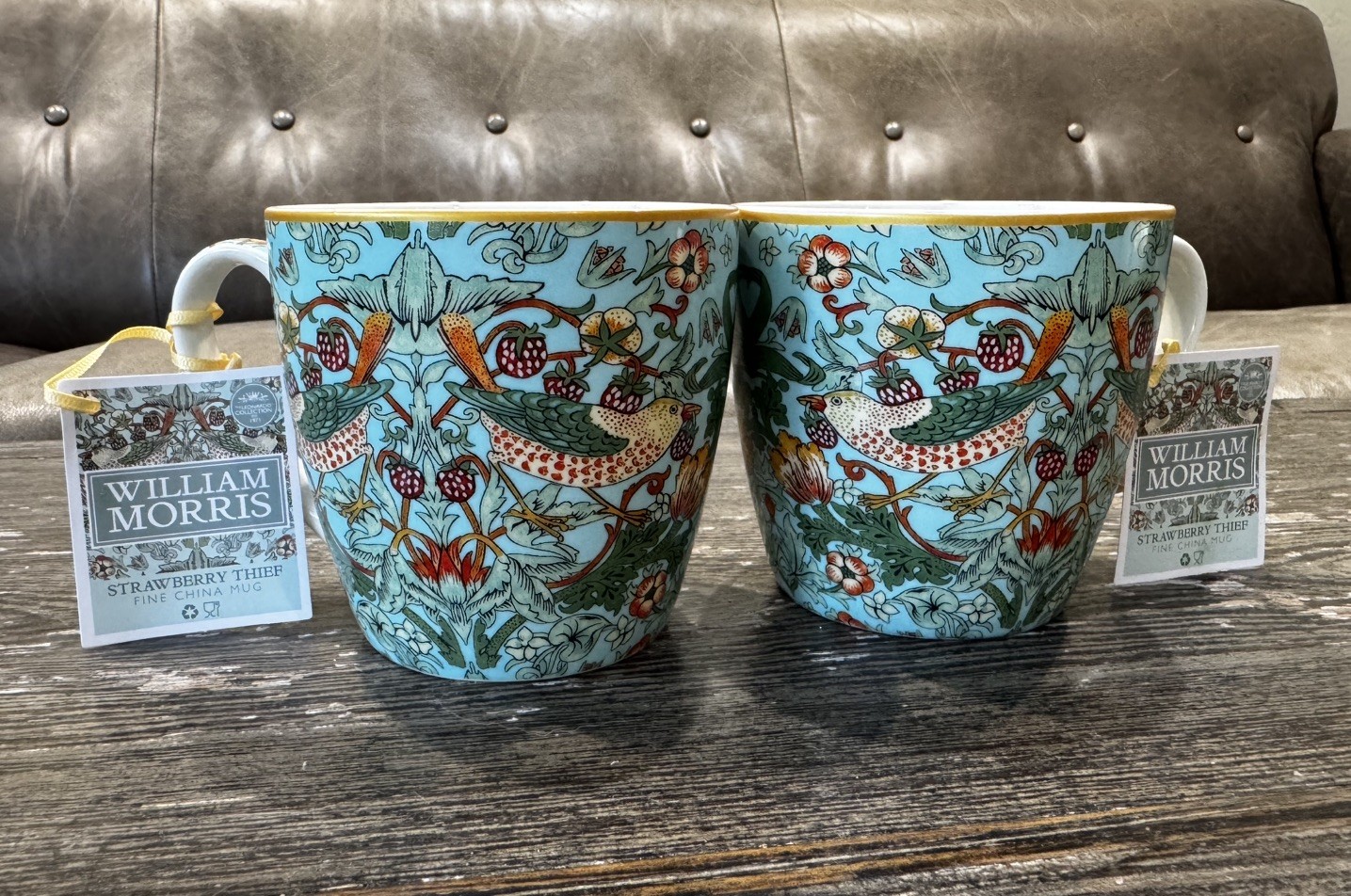 NEW S/2 William Morris Fine China Coffee/Tea Mugs - Strawberry Thief - Turquoise