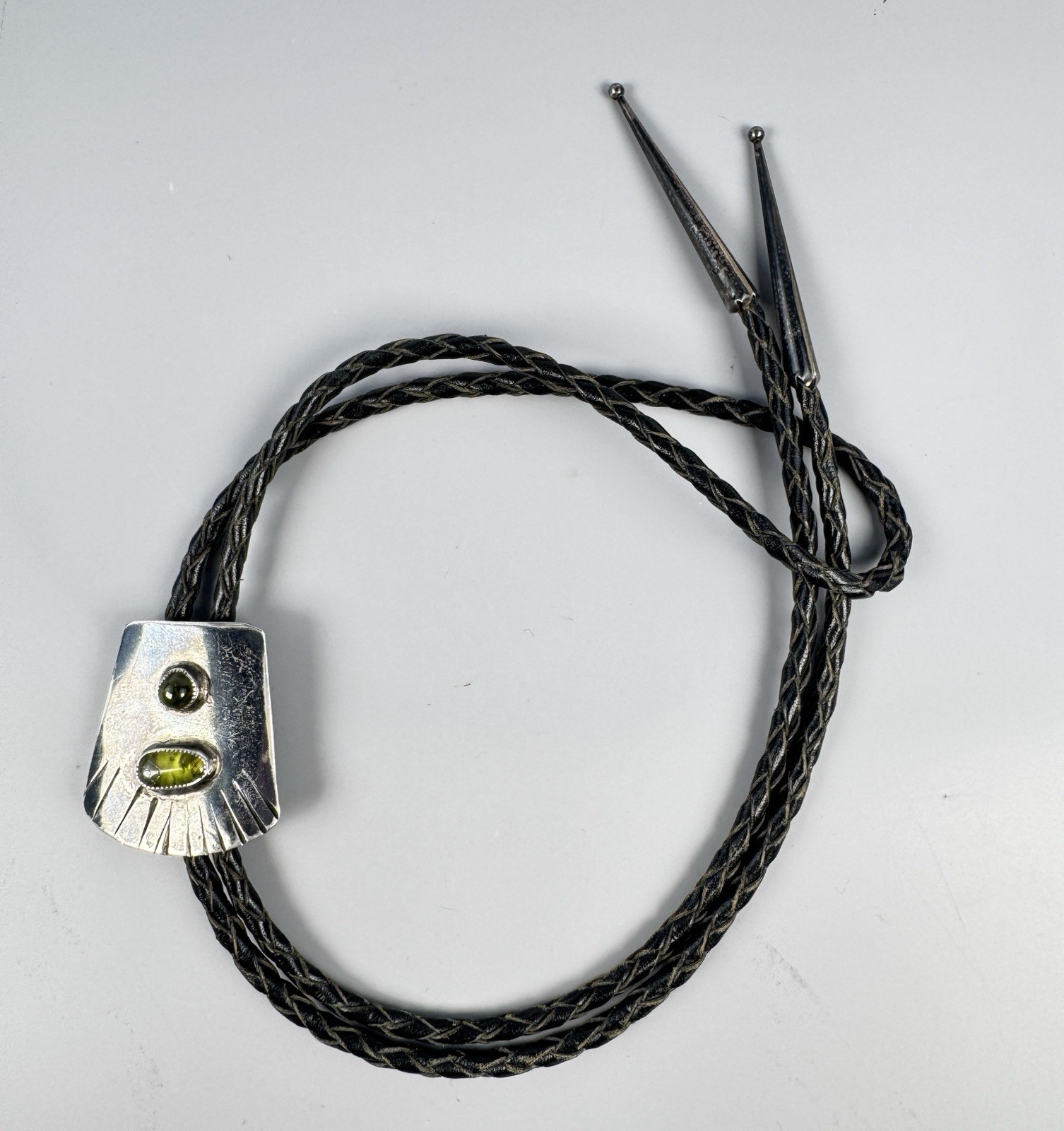 Navajo Silver Peridot Bolo Tie Unique Geometric Design Vintage 38” 33g