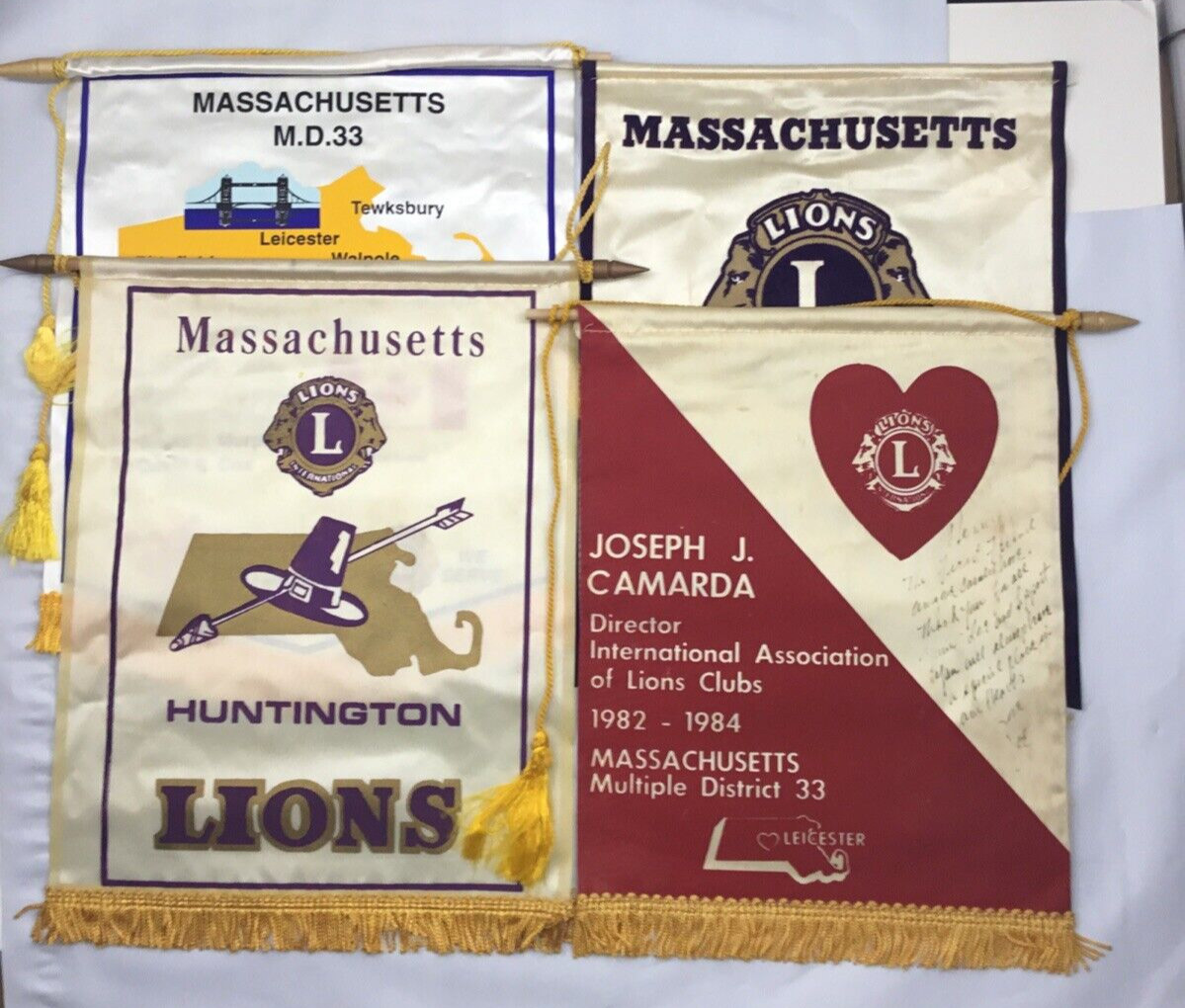 4 Vintage Lions Club Banners Massachusetts Huntington Camarda Note Westboro Club