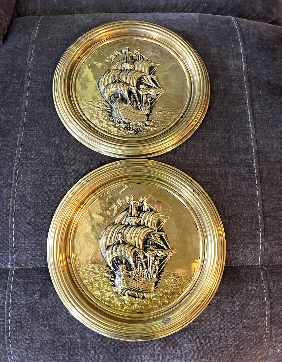 Vintage Lombard Brass Sailing Ship Wall Plaques Pair Made in England Nautical