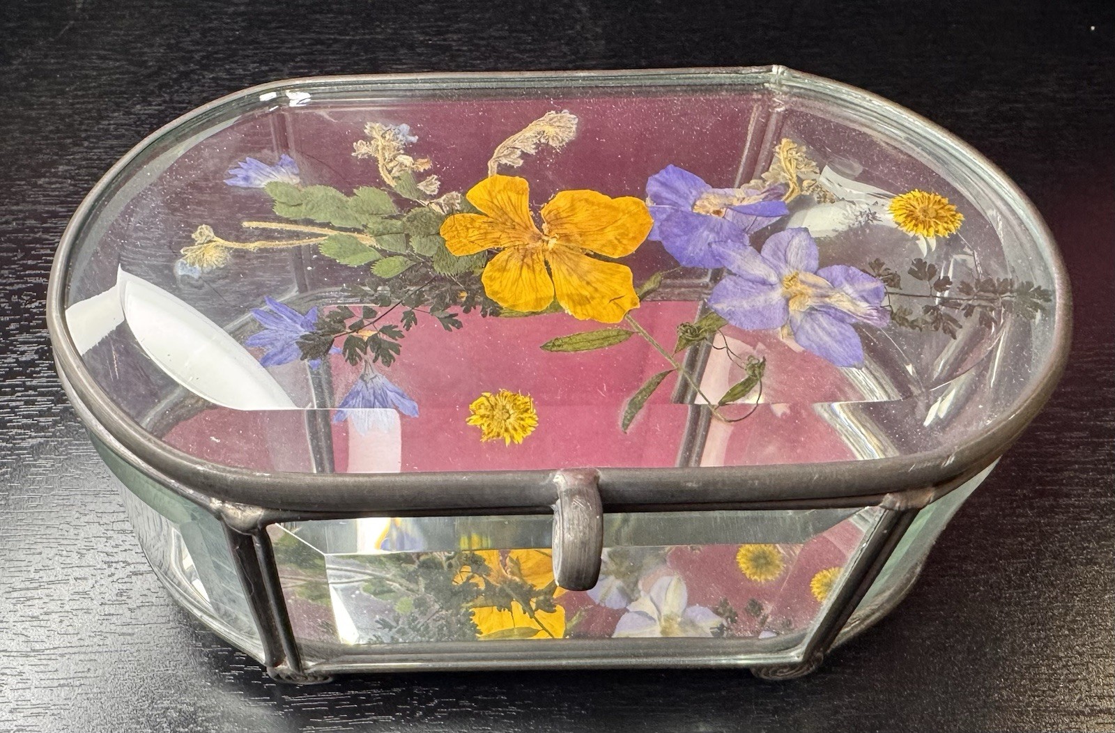 Oval Glass Trinket Box w/ Pressed Flowers Metal Frame Decorative Collectible