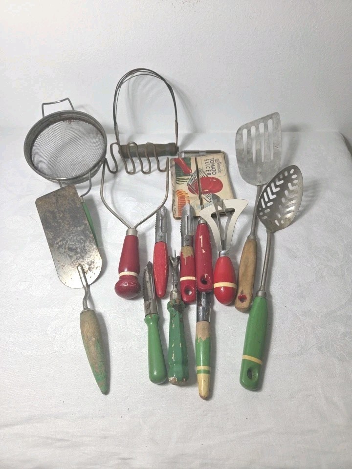 Lot of 10 Red Green Wooden Handle Vintage Kitchen Utensils 