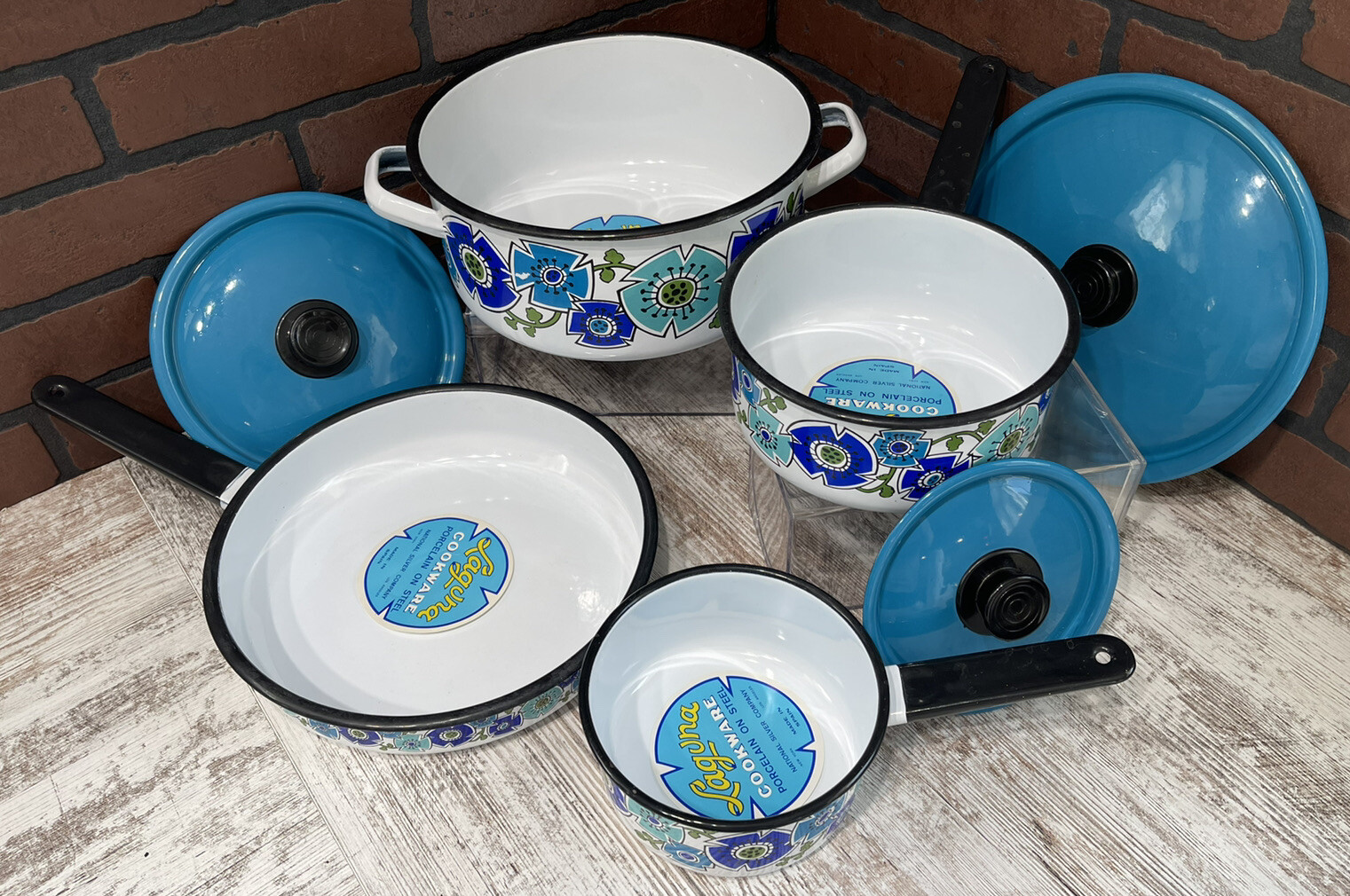 National Silver Company Blue Flower Pot Set ~ Vintage Porcelain Steel Spain RARE