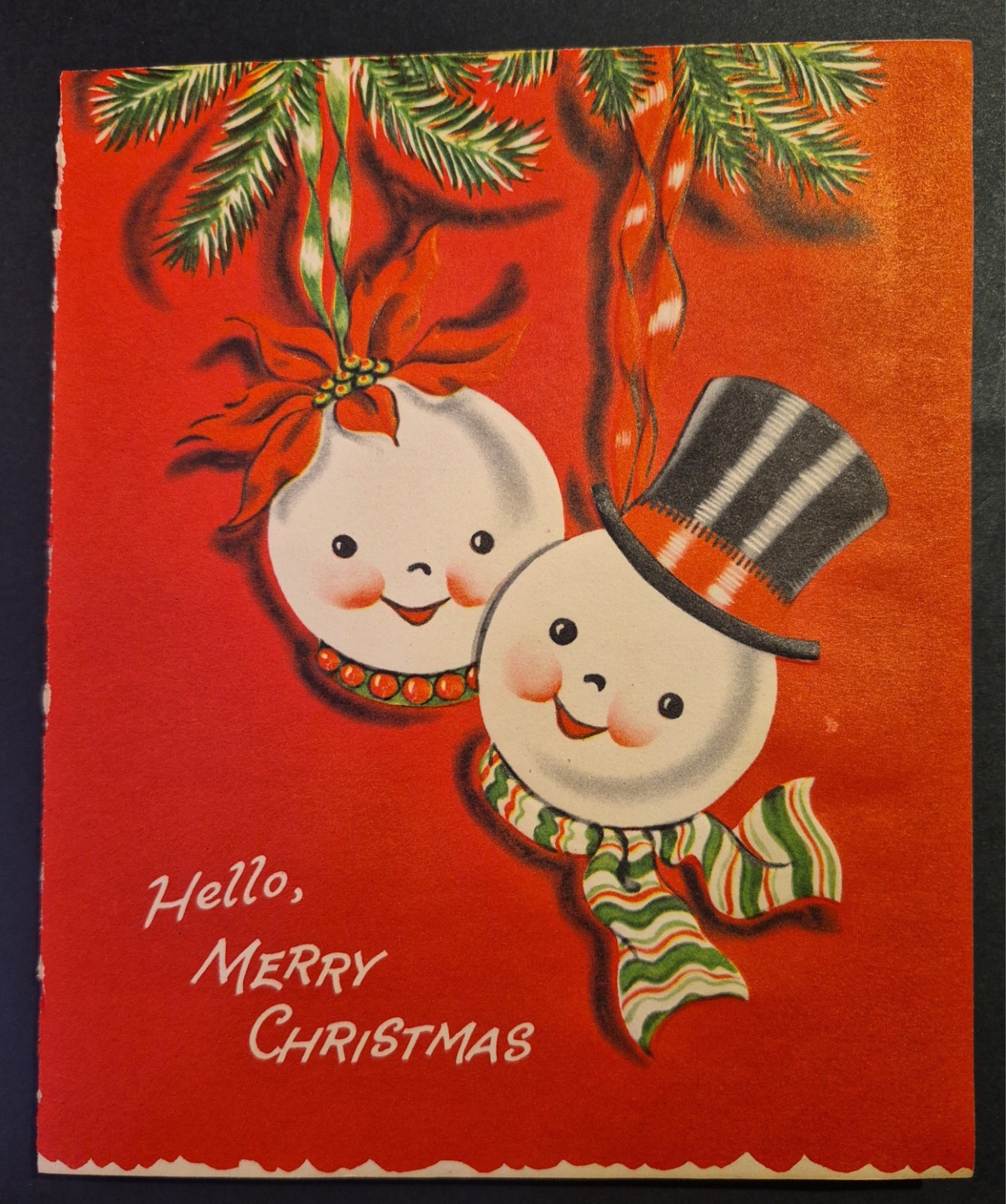 Vtg 1950's MCM Christmas Embossed Snowman Couple Card/Envelope Unused