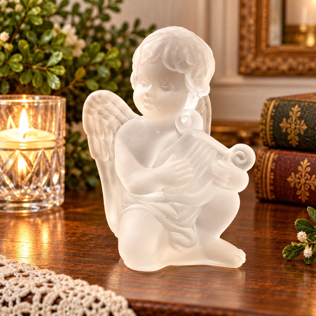 Vintage Frosted Glass Angel Cherub Harp Candle Holder 4\
