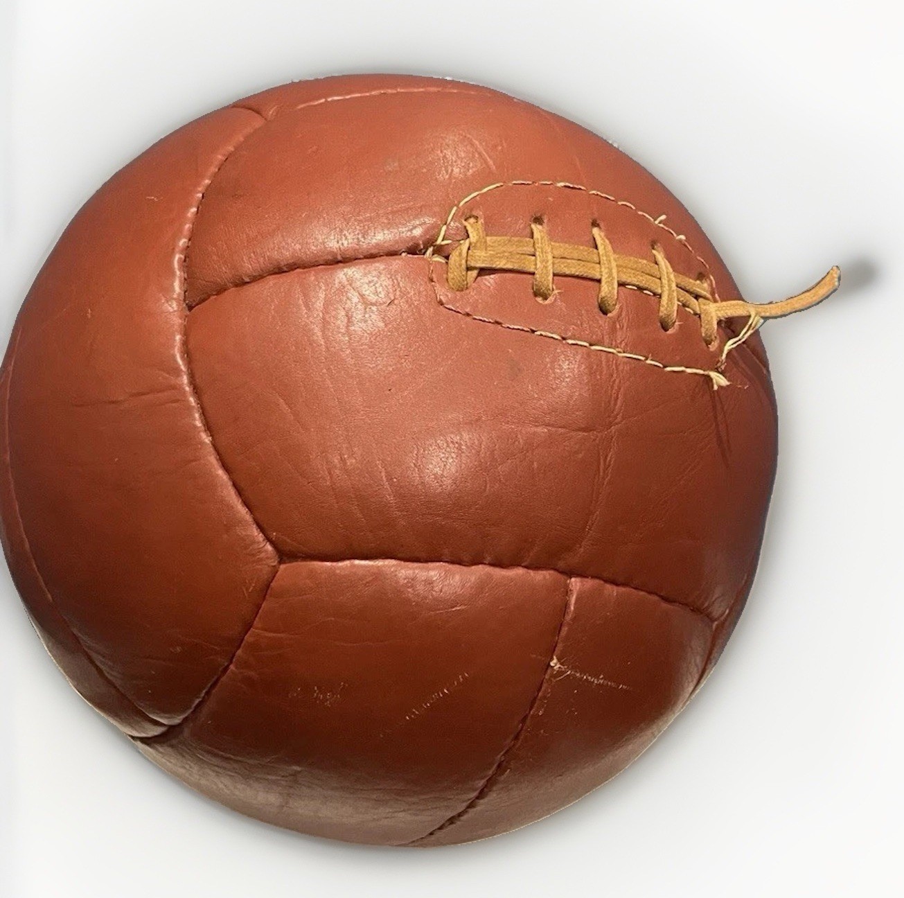 Vint. 1930-40s Leather Medicine Ball, Rare 14-Panel Tiento Style -9 lb Gym Decor