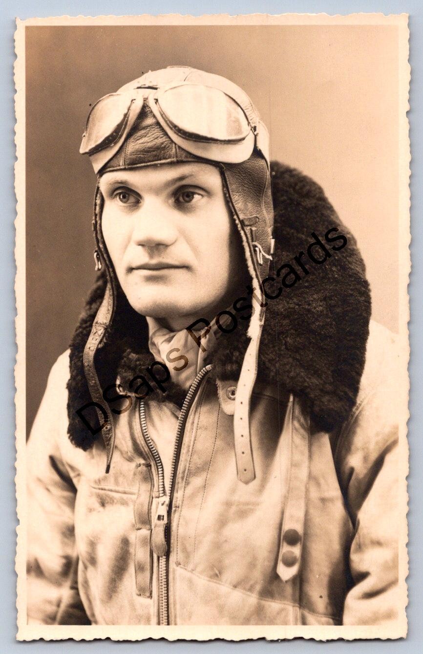K58/ Interesting RPPC Postcard c1910 Early Airplane Pilot Goggles Leather 507