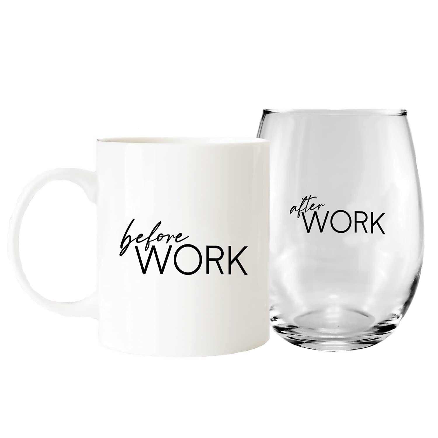 Before Work And After Work Mug And Stemless Wine Glass Set/Funny Clever Humor...
