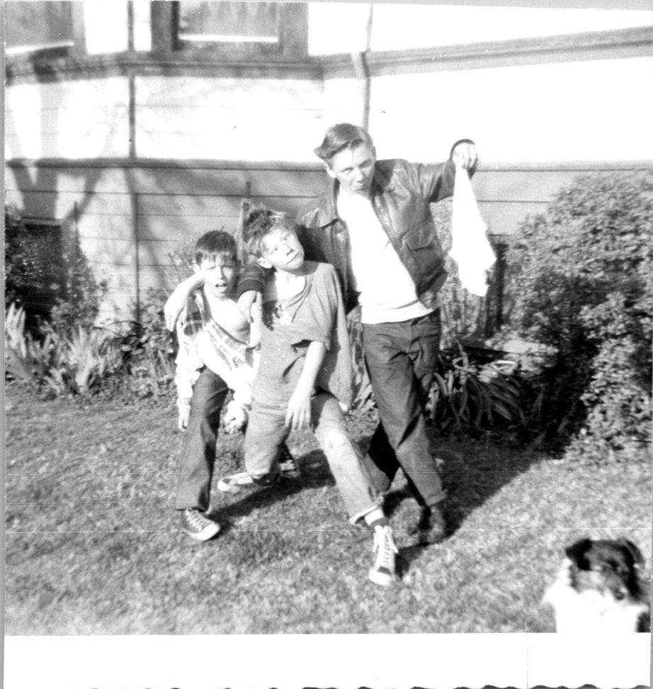 Three Young Boys Outside Being Silly B+W Found Photo V2731
