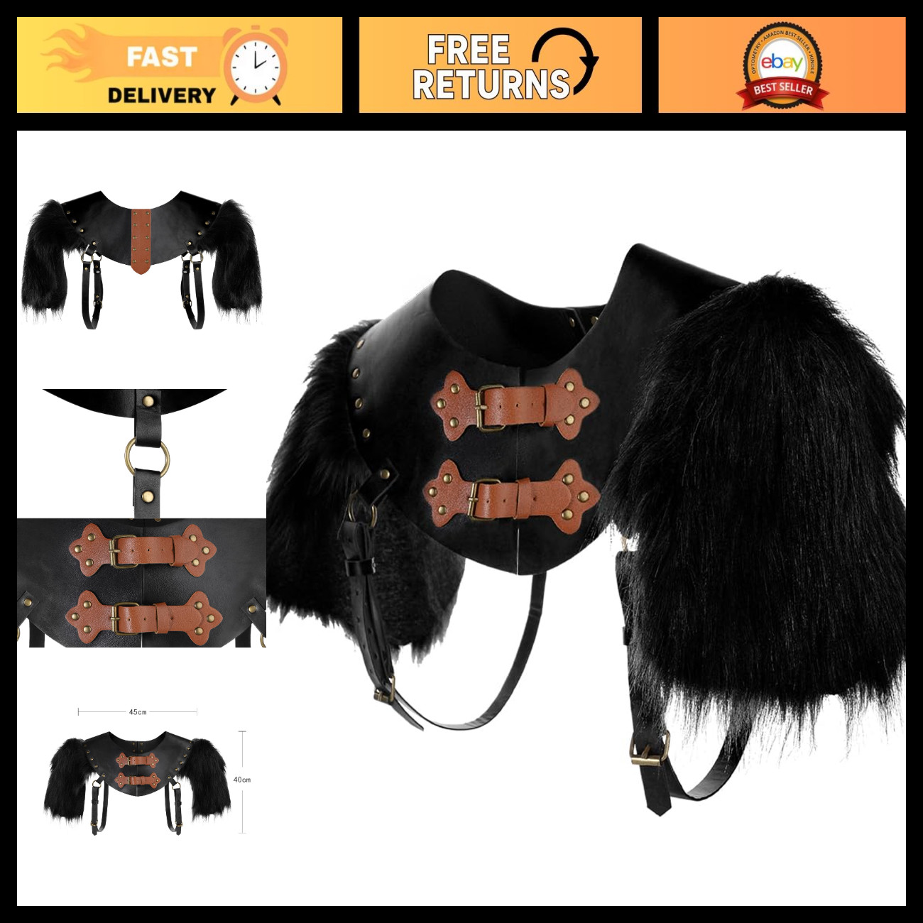 Medieval Double Pauldron Shoulder Armor - Viking Faux Leather & Fur Cosplay LARP