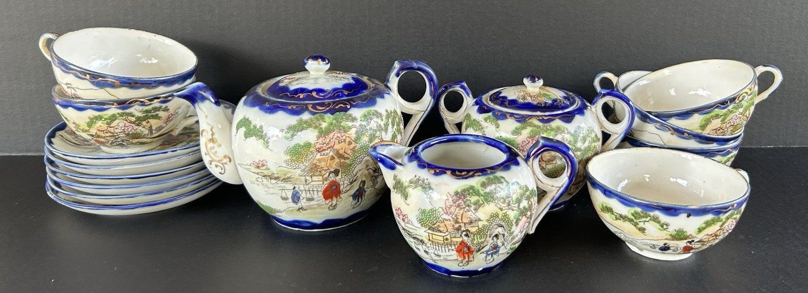 Hand Painted Porcelain Tea Set Set Landscape Scene 15 Pieces 1920's Japan