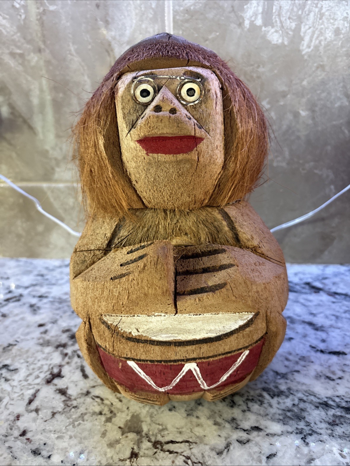 Coconut Monkey Vintage Hand Carved Shell Hawaiian Jungle Exotic Decor Ormament