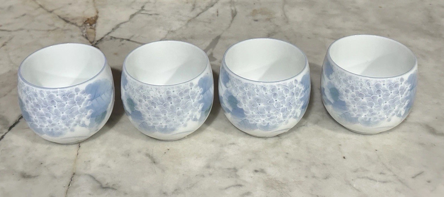 Ceremonial Hydrangeas Japanese Floral Tea Cups No Handles Set Of 4