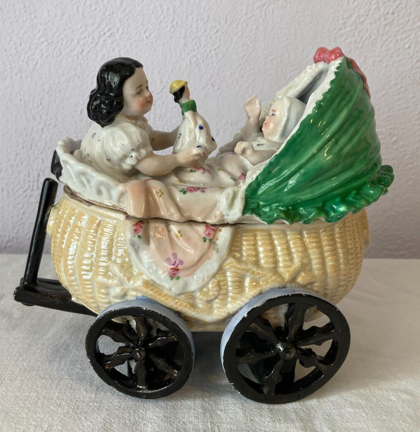 Antique Victorian 1800s Conta & Boehme LARGE Fairing Trinket Box Baby Stroller