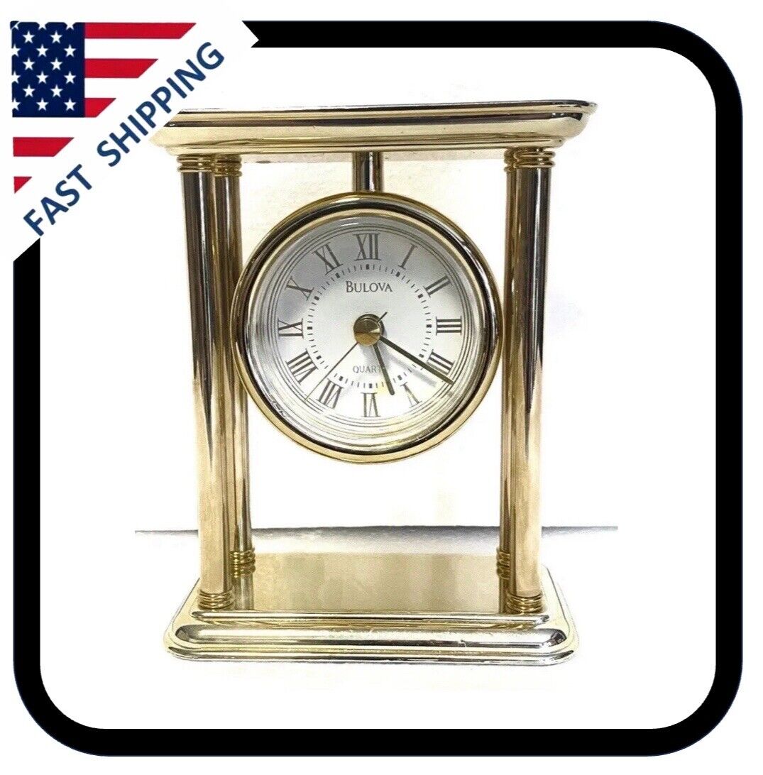 GOLDEN BULOVA QUARTS DESK CLOCK WITH ROMAN NUMERAL STYLE NUMBERS WORKING COND