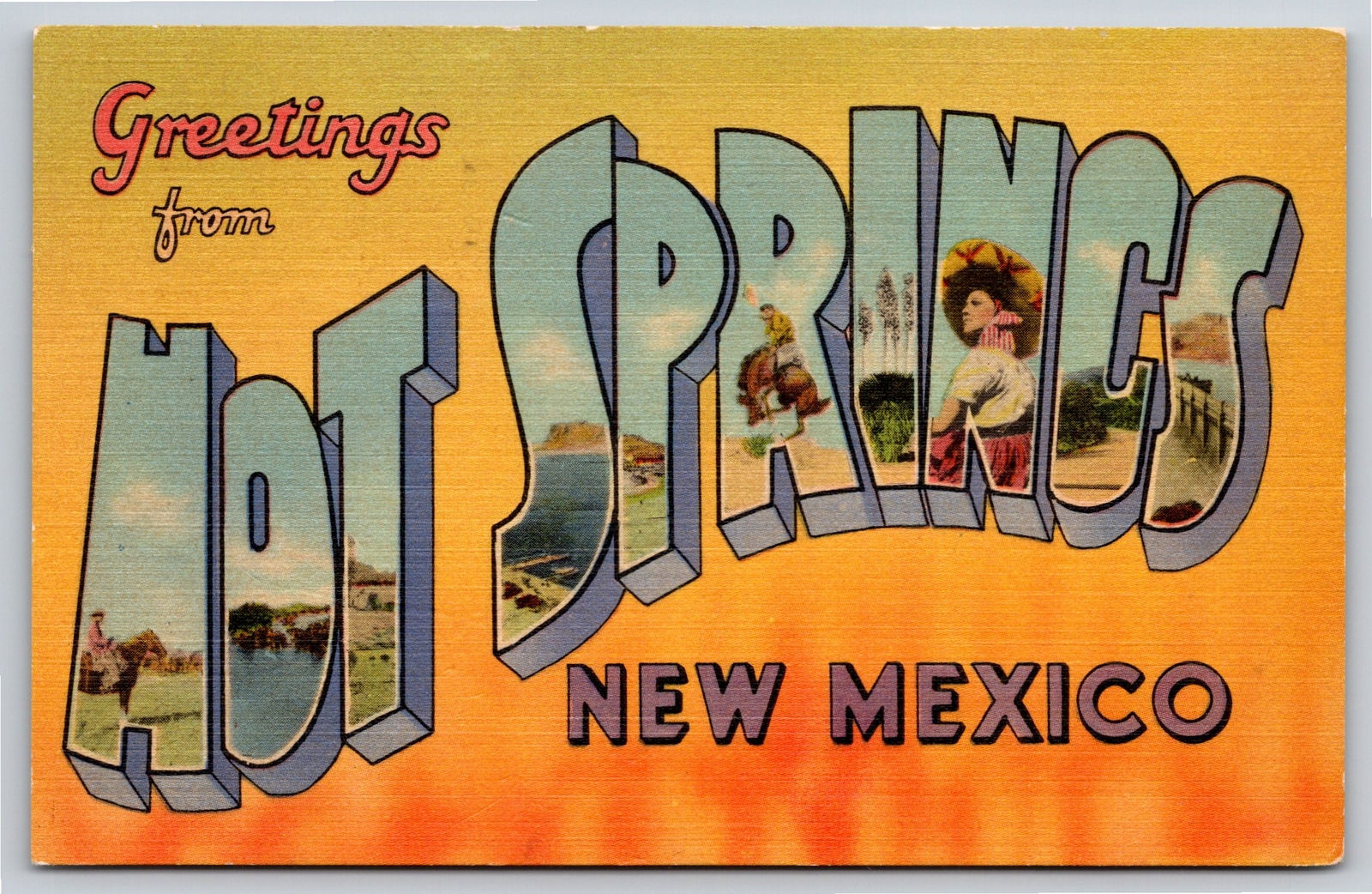 Hot Springs New Mexico~Desert Scene Greeting~Large Letter Vintage Linen Postcard