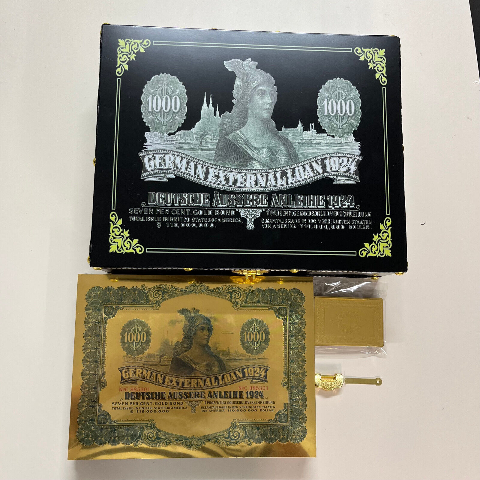 100pcs 1924 German Gold Bond $1000 Gold Foil Banknote For Nice Gift in black box